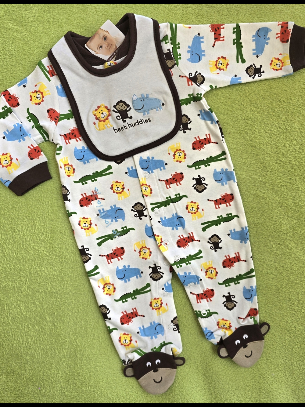 NWT 3-6M Baby BOYS WILD ANIMALS FOOTIE + BIB - MONKEY LION RHINO BEST BUD (Q4)